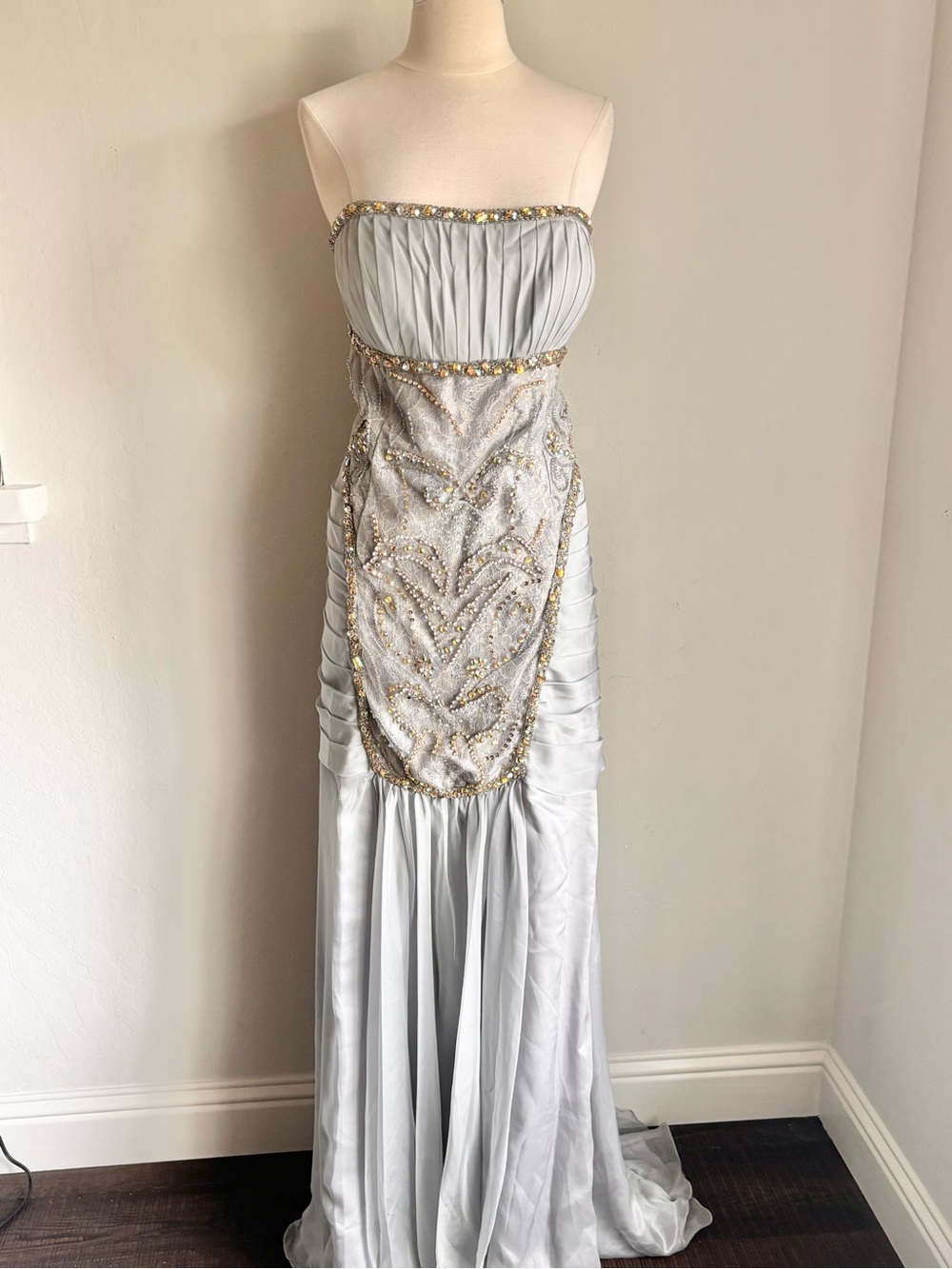 MNM Couture 6806 Strapless Beaded Chiffon Pleat Bust Gown + Jacket Silver 18 NWT